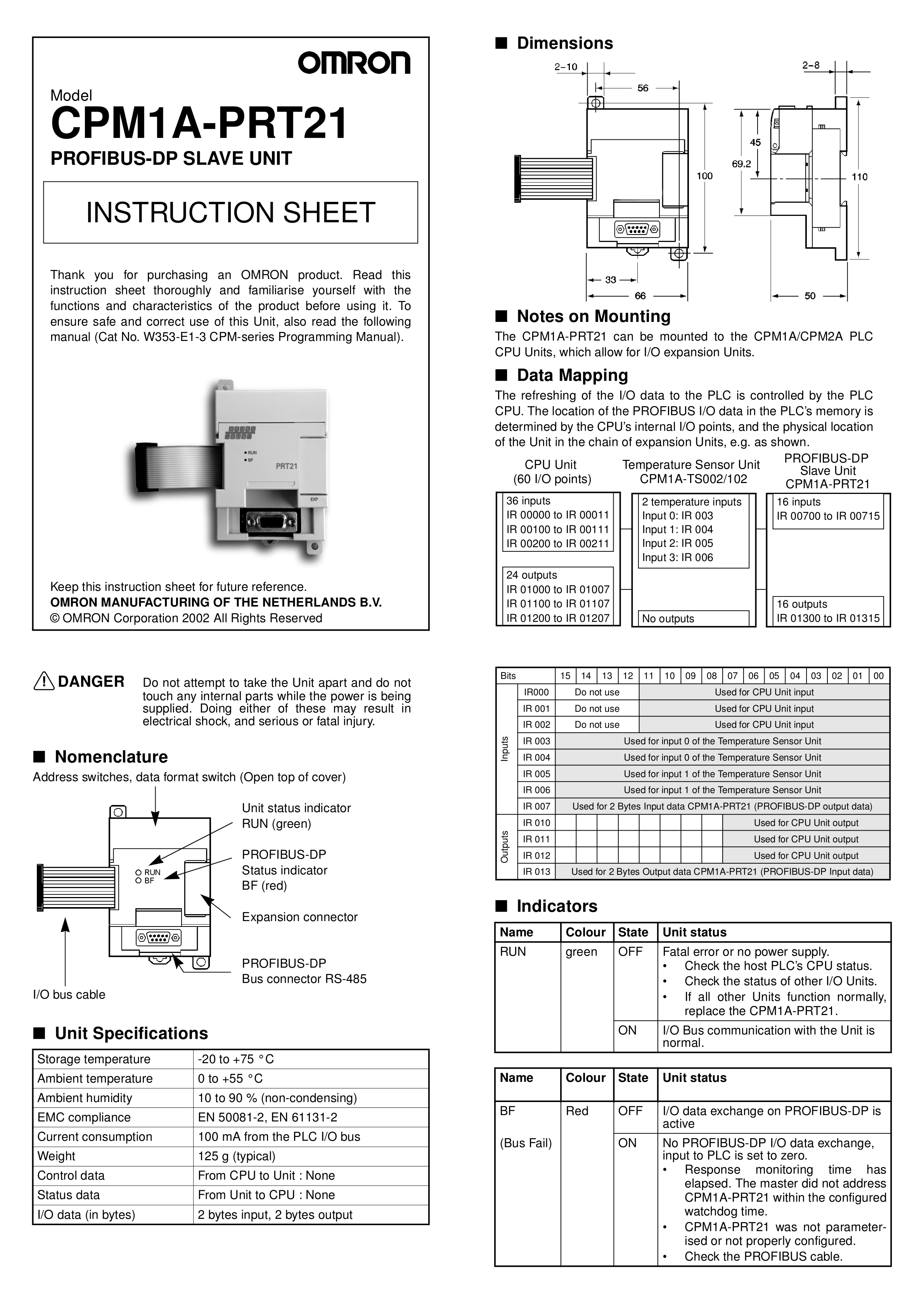 PROFIBUS-DP从站单元CPM1A-PRT21使用说明书欧姆龙CPM1A-PRT21手册