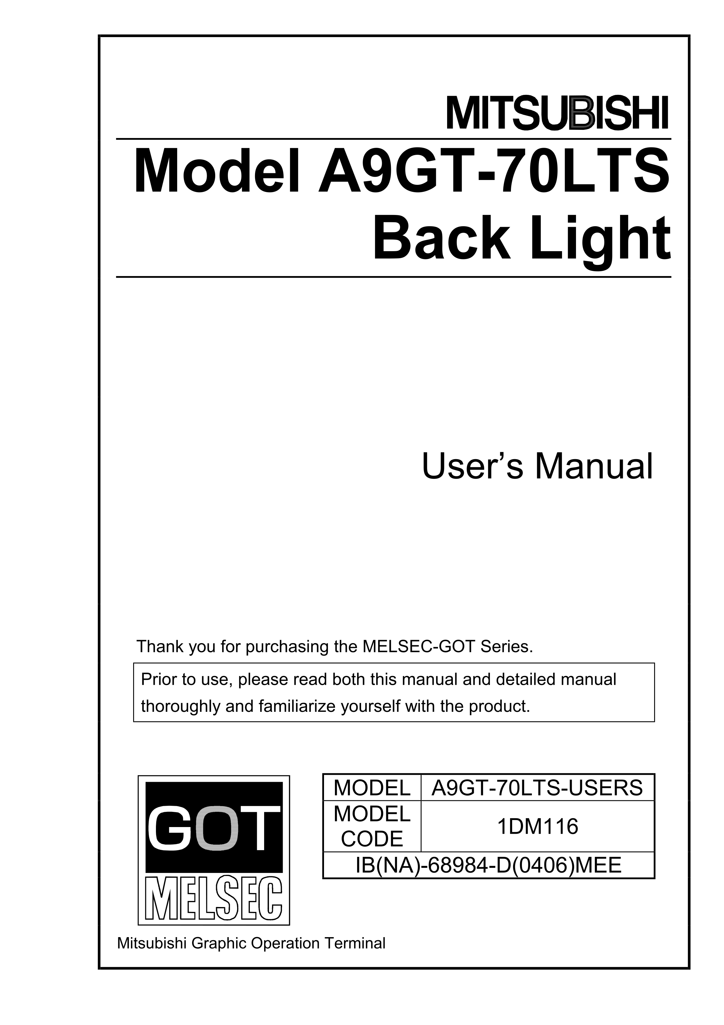 三菱Model A9GT-70LTS用户手册背光源手册