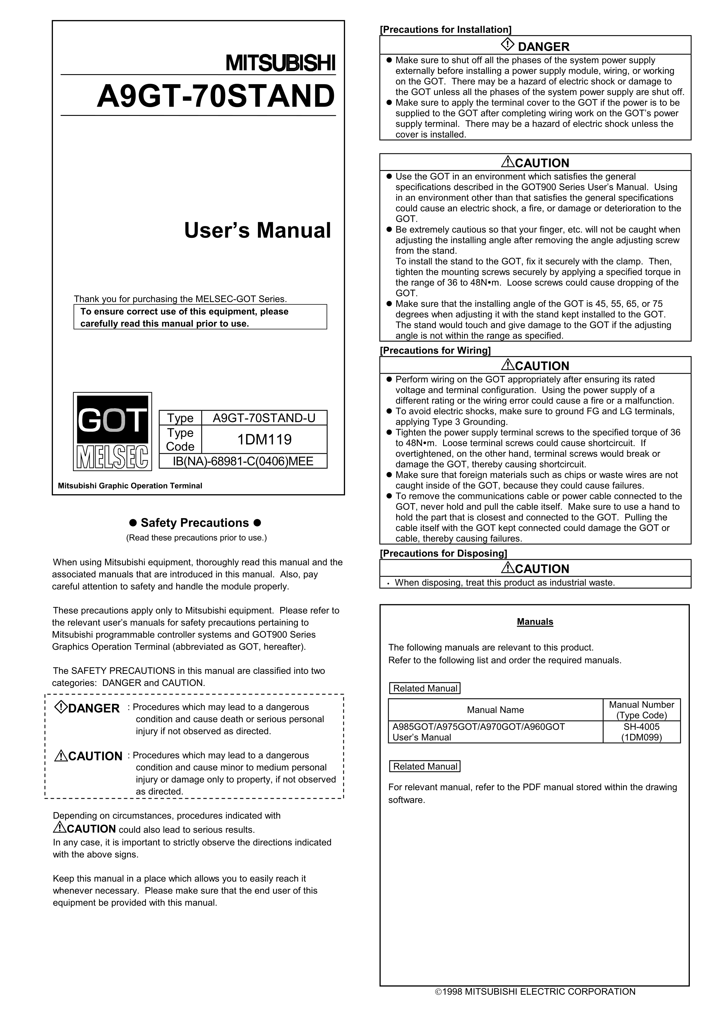 背光源A9GT-70STAND用户手册三菱A9GT-70STAND手册