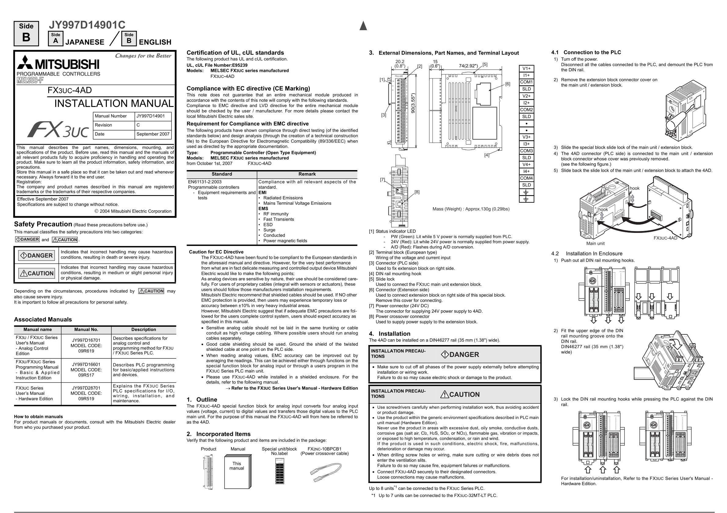 模拟量模块FX3UC-4AD安装使用手册三菱FX3UC-4AD手册