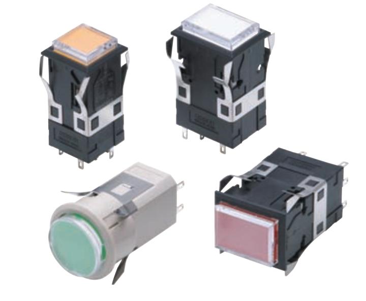 正方形带灯按钮开关接点类型：标准负载 (AC250V3ADC30V4A)
A3PA-90B11-06